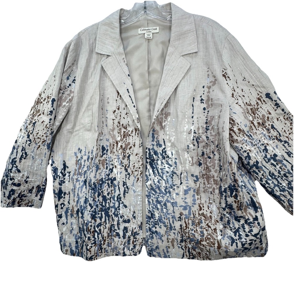 Coldwater Creek Linen Open Front Blazer Jacket Women Large 14-16 Art‎ To Wear